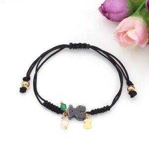 Black Bracelet with Black Bear Charm and Gold Accents